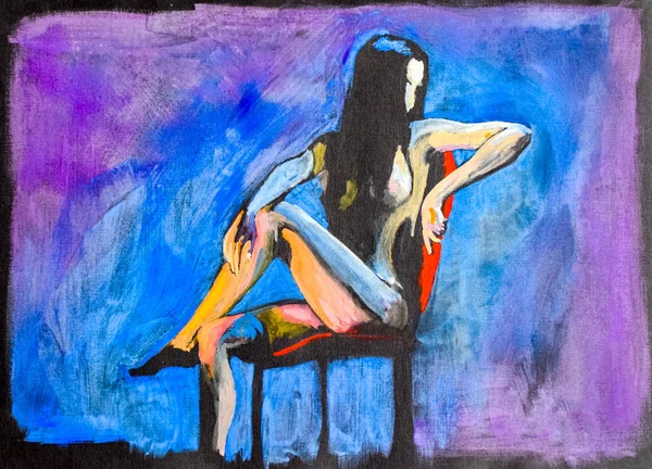 Красива гола жінка сидить на стільці позує. Дівчина з цицьками і довгим волоссям. Малюнок акварелі — стокове фото