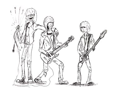 Rock grubu, şarkıcı ve iki gitarist. Şekil jel kalem. Vintage rock punk grubu.