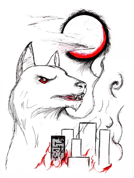 Město je na ohni a Krvavý měsíc. Obrázek vlka na pozadí města. — Stock fotografie