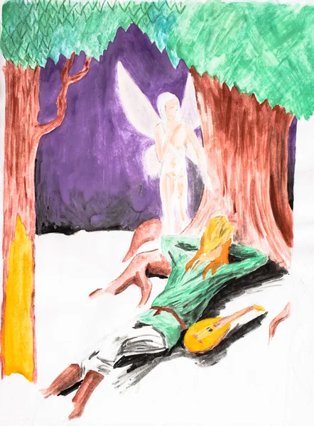 A female angel spies on a balalaika musician resting under a tree. Gouache and pencil. — Stock Photo, Image