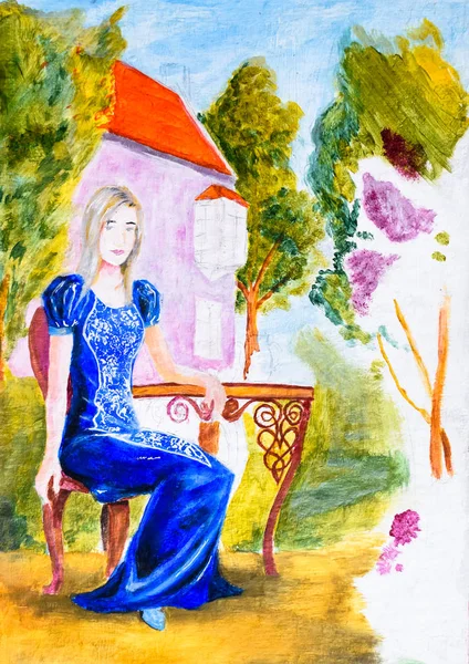 Una ragazza in abito blu siede a un tavolo nel giardino di un nome ricco. Pittura ad acquerello, pittura in stile ottocentesco . — Foto Stock