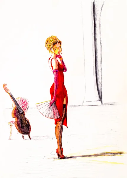 Una violinista ragazza con un vestito rosso e un ventilatore si trova in mezzo alla sala. Figure matite e penne . — Foto Stock