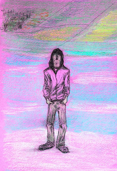 Un homme en jean et une veste à capuche se tient les mains dans les poches et lève les yeux. Dessin avec crayons et stylo — Photo