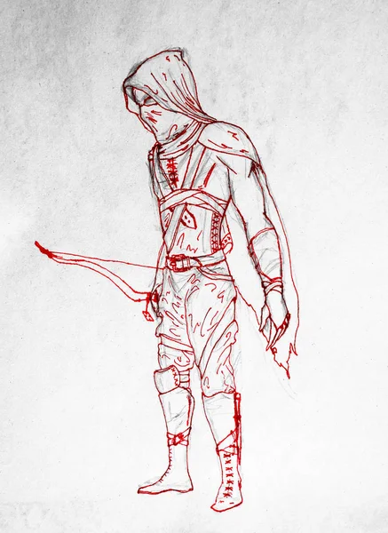 戴面具的弓箭手战士图红色笔。战士弓箭手的古代服饰 — 图库照片