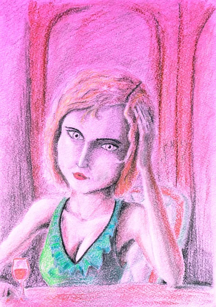 Triste femme à la table tenant un verre de vin. Boire à la dépression dessin avec des crayons . — Photo