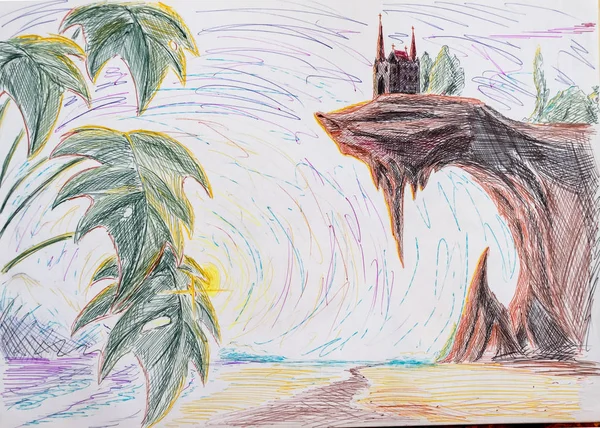 Landskap ritning kulspetspennor. Havsstranden och palm träd, palatset i utkanten av klippan — Stockfoto