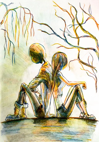 Das Mädchen und der Kerl sitzen Rücken an Rücken im Wald — Stockfoto
