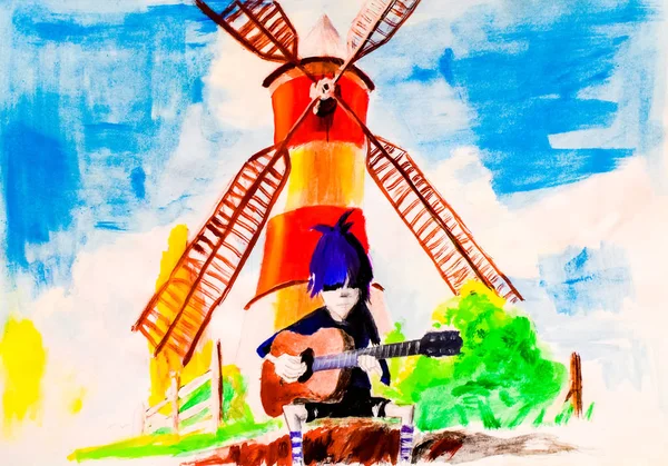 Ragazzo di campagna che suona la chitarra seduto su una panchina vicino al mulino. Disegno acquerello . — Foto Stock