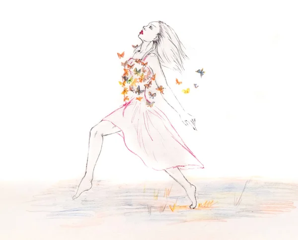 穿着裙子的女人跑过田野里到处都是蝴蝶。铅笔画. — 图库照片