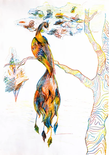 Aqueça o pássaro em um galho de árvore. Desenho com lápis coloridos . — Fotografia de Stock