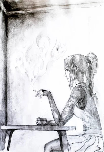 La fille à la table boit du café et fume nerveusement. Trous sur les manches. Dessin au crayon . — Photo