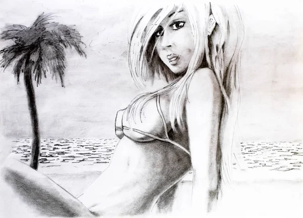 Kobieta z dużym biustem w bikini na plaży, morza. Duże Cycki w bikini. — Zdjęcie stockowe