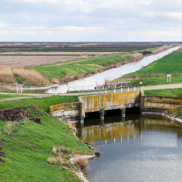 農業用水路を通して橋。ライス フィールドの灌漑システム — ストック写真