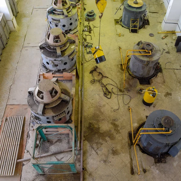 Engines of water pumps at a water pumping station. Pumping irrig