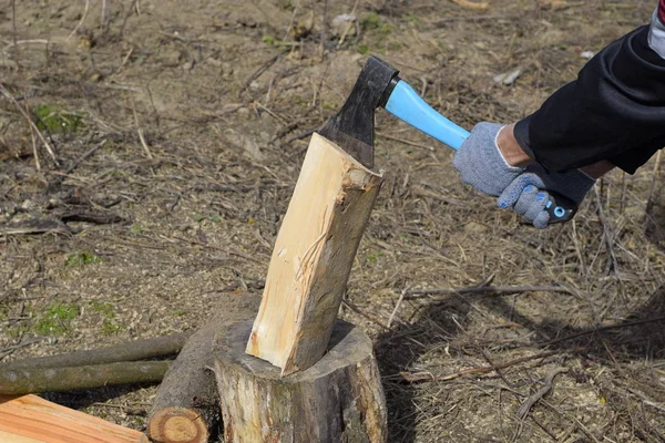 Cortar madera con un hacha — Foto de Stock
