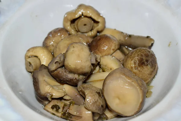 Gekochte Champignon-Pilze in weißem Teller — Stockfoto