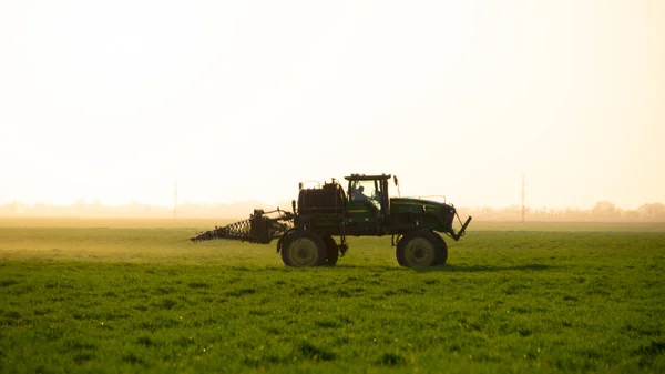 Traktor di latar belakang matahari terbenam. Traktor dengan roda tinggi membuat pupuk pada gandum muda . — Stok Foto