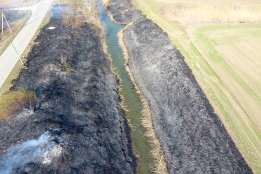 Sulama kanalı boyunca Kuru Çim yakma. Duman ve Flam