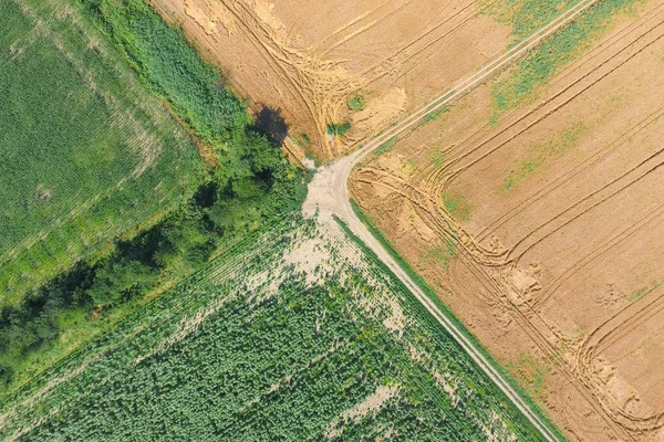 Crossroads pavimentou estradas através dos campos. Vista de cima — Fotografia de Stock