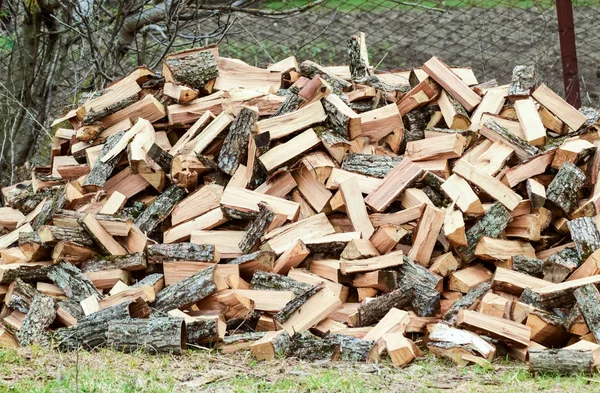 Ein Haufen durchlöchertes Brennholz. geerntetes Holz für den Ofen — Stockfoto