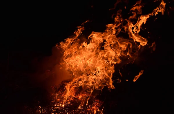 Verbranden van rijst-stro bij nacht. — Stockfoto