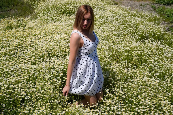 Жінка в білій сукні з поляками на галявині з ромашками. Квітучі ромашки — стокове фото