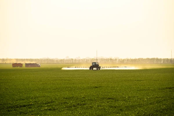 Traktor dengan bantuan penyemprot semprotan cairan pupuk pada gandum muda di lapangan. — Stok Foto