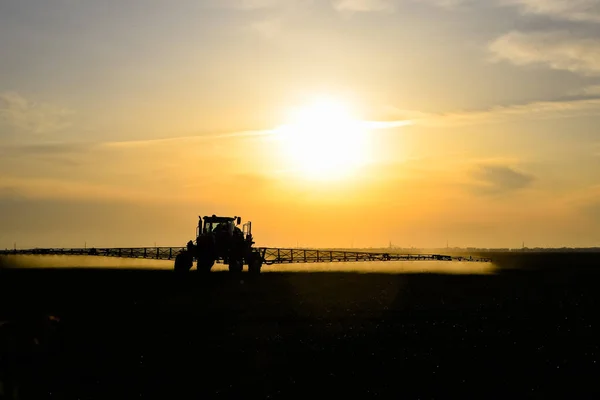 Tractor con la ayuda de un pulverizador rocía fertilizantes líquidos sobre el trigo joven en el campo. — Foto de Stock