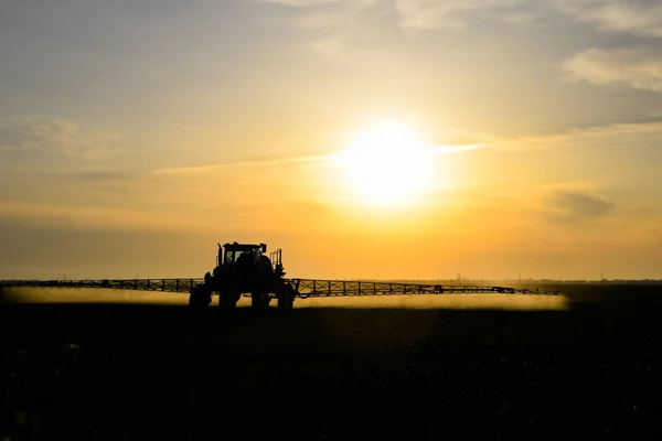 Tractor con la ayuda de un pulverizador rocía fertilizantes líquidos sobre el trigo joven en el campo. — Foto de Stock