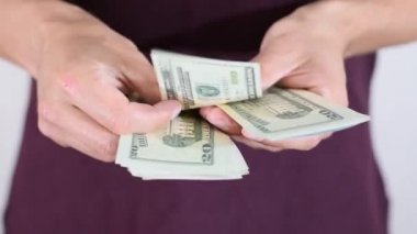 Adam bir pakette yirmi dolarlık banknotları sayıyor.