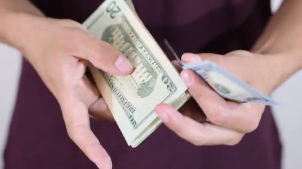 En man räknar ut 100 dollarsedlar i en bunt. Dollar sedlar — Stockvideo