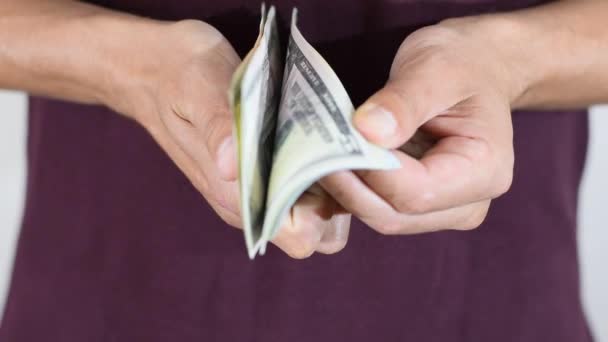 Человек держит, переворачивая, в руках пачки долларов — стоковое видео