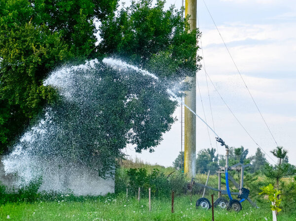 Irrigation system Watering in the garden. Watering the seedlings in the park. Watering the fields. Sprinkler.