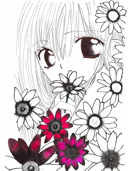 Dibujo en el estilo de anime. Imagen de una chica en las flores en la foto en el estilo de anime japonés —  Fotos de Stock