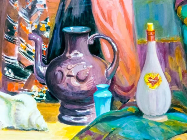 Stillleben. ein Gemälde mit einem Stillleben, einer Vase, Geschirr, einem Strauß und Früchten. — Stockfoto
