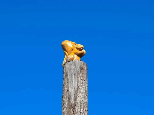 Statyett ekorre med en mutter från ett träd på en stubbe på en bakgrund av blå himmel. Figurer av djur i trä. Träsnideri — Stockfoto
