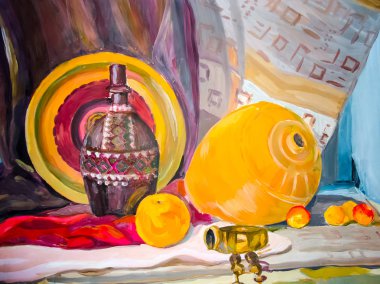 Natürmort. Bir natürmort, bir vazo, yemekler, buket ve meyve takip etti.