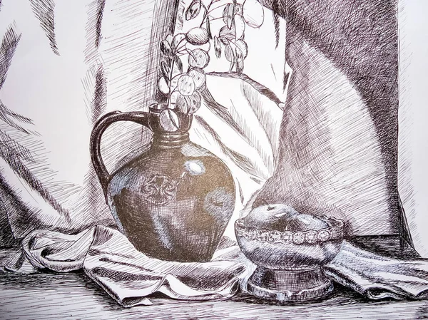 Still life. En målning föreställande ett stilleben, en vas, rätter, en bukett och frukt. — Stockfoto