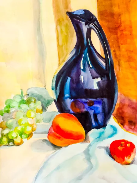 Still life. Obraz zátiší, vázy, nádobí, kytice a ovoce. — Stock fotografie