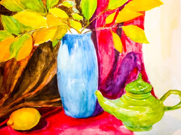 Still life. A painting depicting a still life, a vase, dishes, a bouquet and fruit.