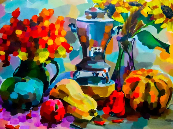 Natura morta. Un dipinto raffigurante una natura morta, un vaso, piatti, un bouquet e frutta . — Foto Stock