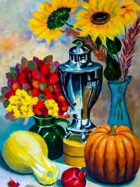 Stillleben. ein Gemälde mit einem Stillleben, einer Vase, Geschirr, einem Strauß und Früchten. — Stockfoto