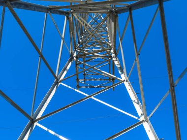 Yüksek voltajlı elektrik hatları mavi gökyüzüne karşı destekler. Aşağıdan yukarıya görüntülemek