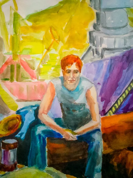 Aquarel schilderij, een persoon zit in een vrachthaven. Rest van de werknemer. — Stockfoto