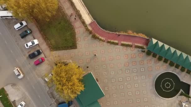 Nowożeńcy ślubu w prowincjonalnym miasteczku, strzał z dronem. — Wideo stockowe