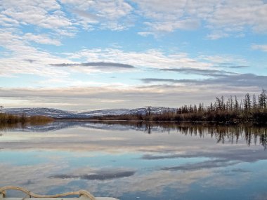 Nehir manzarası Erken bahar. çıplak ağaçlar, eriyen kar.