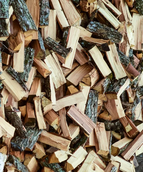 Ein Haufen durchlöchertes Brennholz. geerntetes Holz für den Ofen — Stockfoto