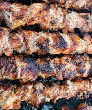 Bir brazier üzerinde bir şiş üzerinde domuz kızartma. Eti kömürlerin üzerine çevirmek. Iştah açıcı şiş kebap.