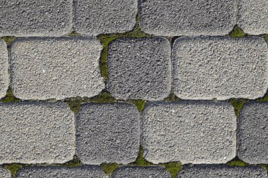 Endüstriyel çatlaklar yosun ile büyümüş kaldırım döşeme ile arka bina. Arka plan tekstüre