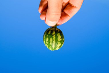 Mavi gökyüzüne karşı elinde küçük bir karpuz.